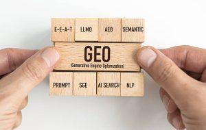 展示E-E-A-T、AEO、语义搜索与AI优化概念的GEO策略模块
